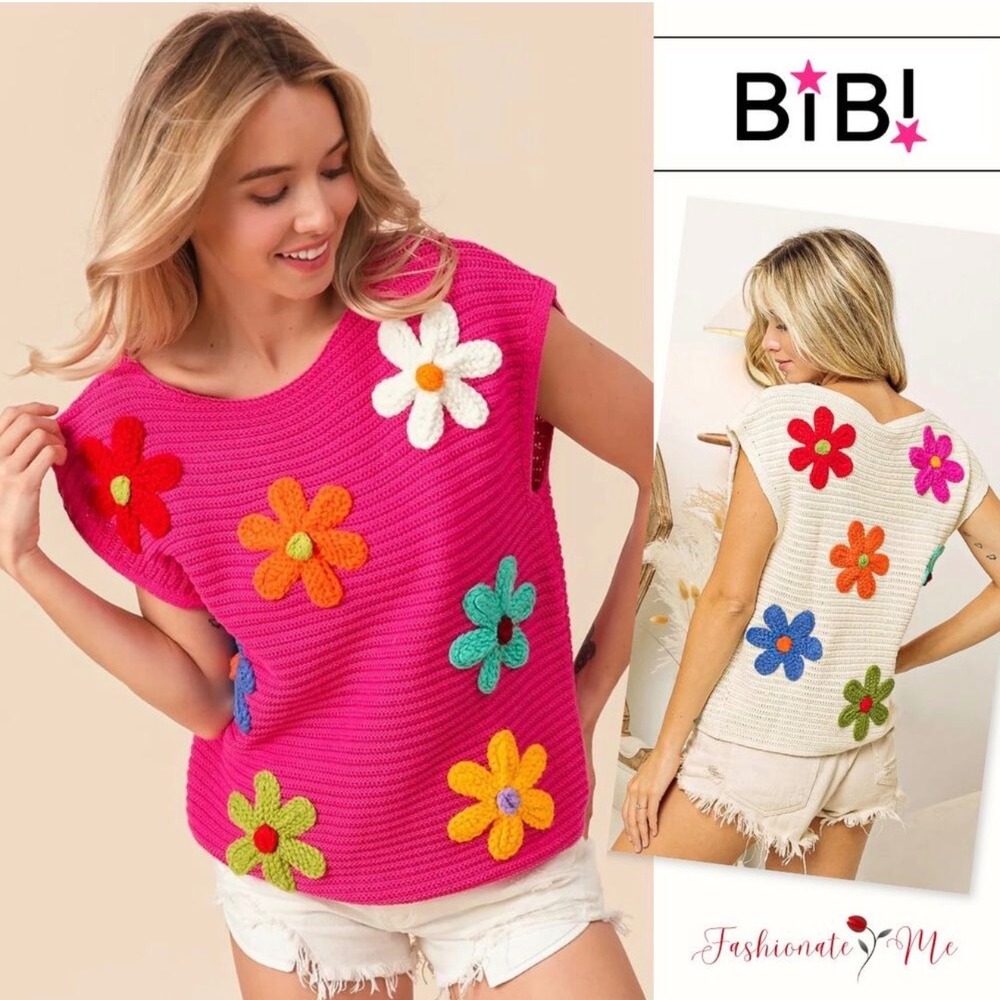 BIB! Crochet Knit Floral Top Women Small Hot Pink Excellent 3D Flower Sweater